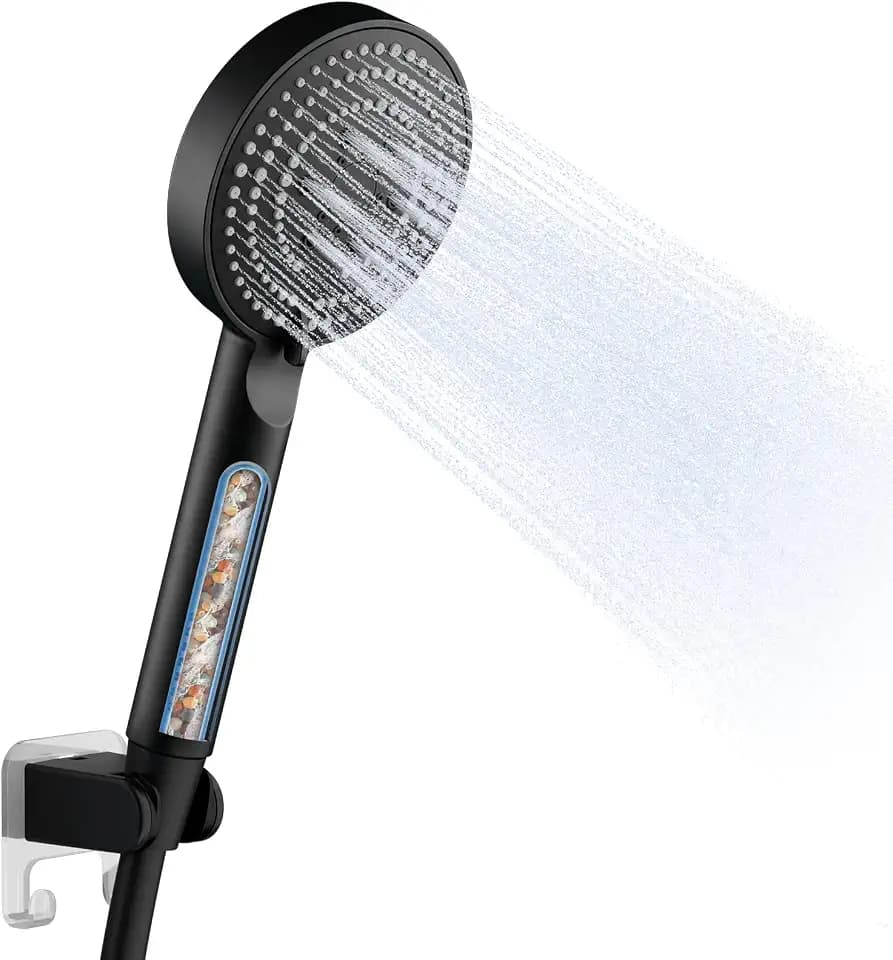 OFFO Duschkopf mit Schlauch und Halterung, 100 mm Duschbrause mit 6 Strahlarten, Handbrausen Wassersparend, Rundes Design mit Antikalk Funktion, Leicht zu Reinigen, Schwarz