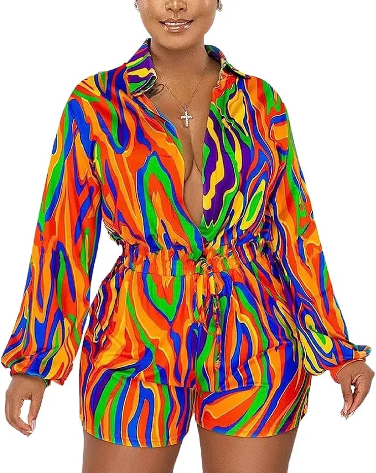 Colorful Printed Romper for Women Summer Long Sleeve Loose Playsuit