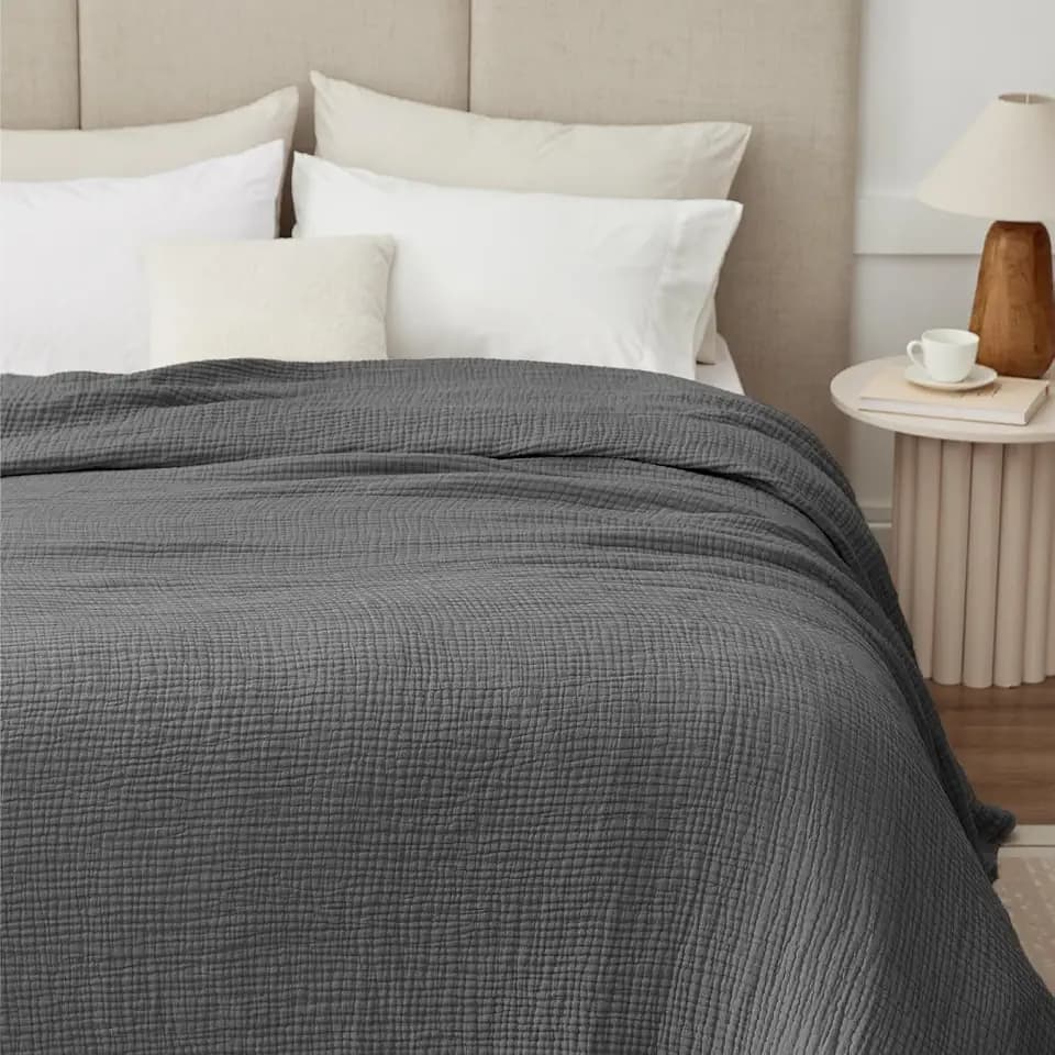Cooling Cotton Blanket King Size, Breathable and Lightweight Muslin Throw Blankets for Bed, Soft Cool Summer Gauze Blanket for Adults All Season, Charcoal Grey
