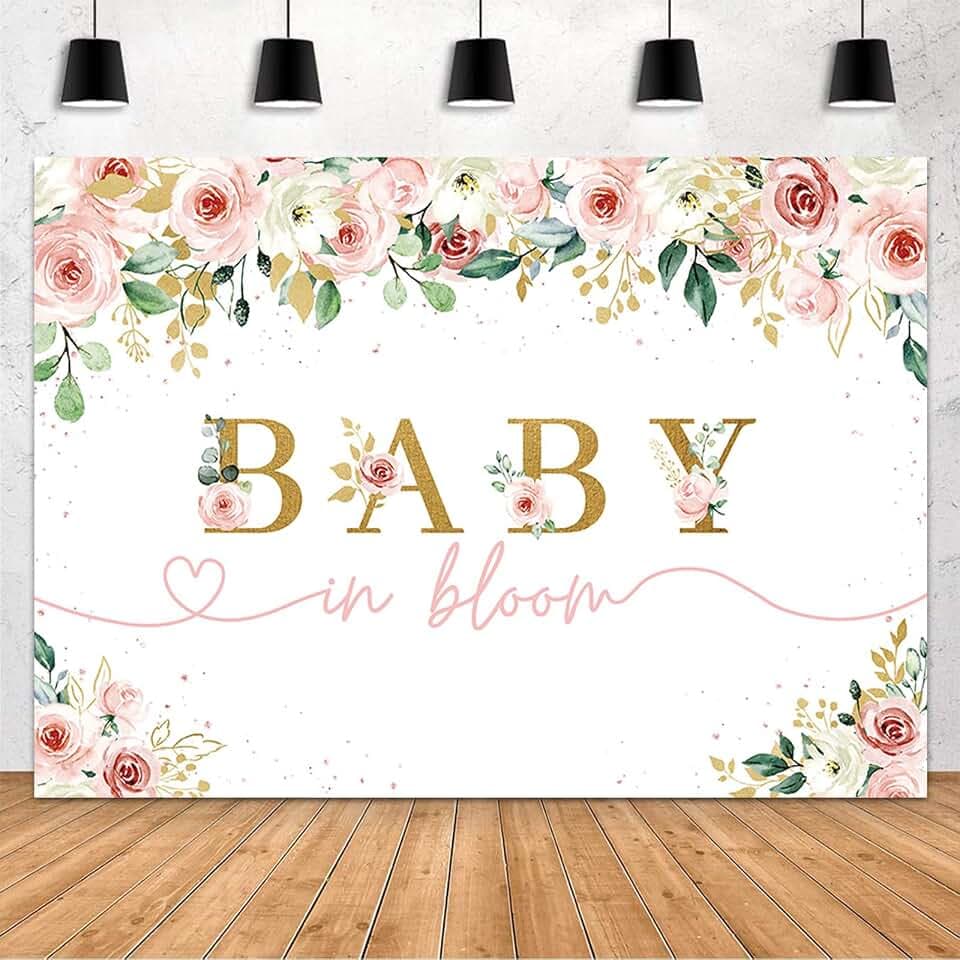 MEHOFOND Baby in Bloom Backdrop Greenery Eucalyptus Leaves Baby Shower Decorations Banner Blush Pink and Gold Floral Baby Shower Photography Background Cake Table Decor Supplies Photo Booth Prop 7x5ft