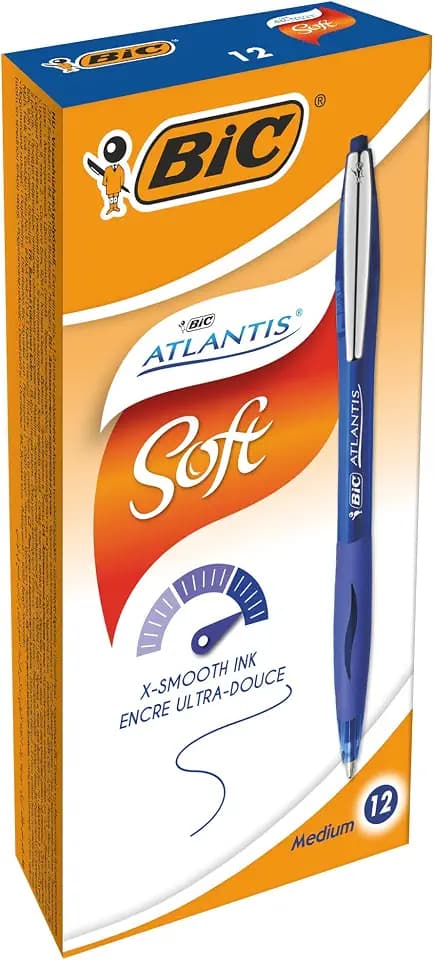 BIC Kugelschreiber Atlantis Soft, in Blau, Strichstärke 0.32 mm, nachfüllbar, 12er Pack, Ideal für das Büro, das Home Office oder die Schule