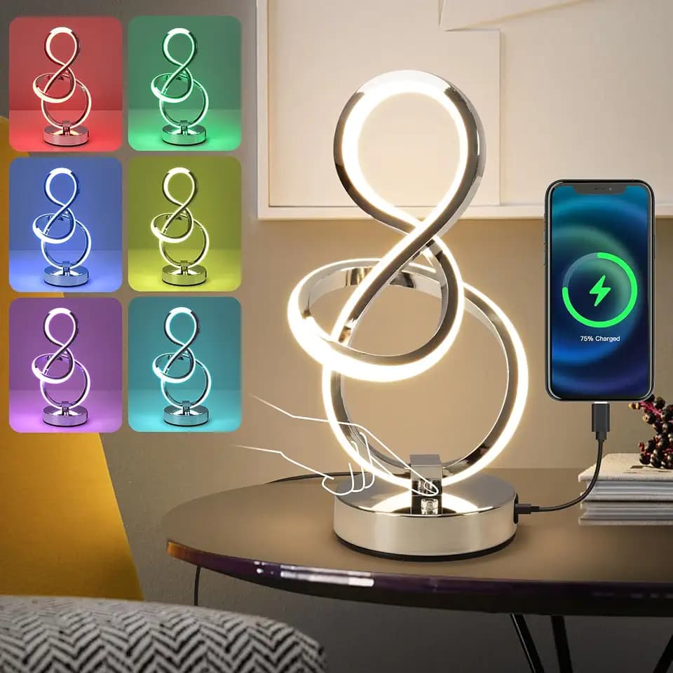 RGB Nachttischlampe LED,Touch Control Dimmbare Lampe mit 6 Farbwechsel und 3 Stufen Warmweiß, Moderne Tischleuchte mit USB Anschlüssen, Nachtlicht für Schlafzimmer, Büro, Wohnzimmer(Silber)