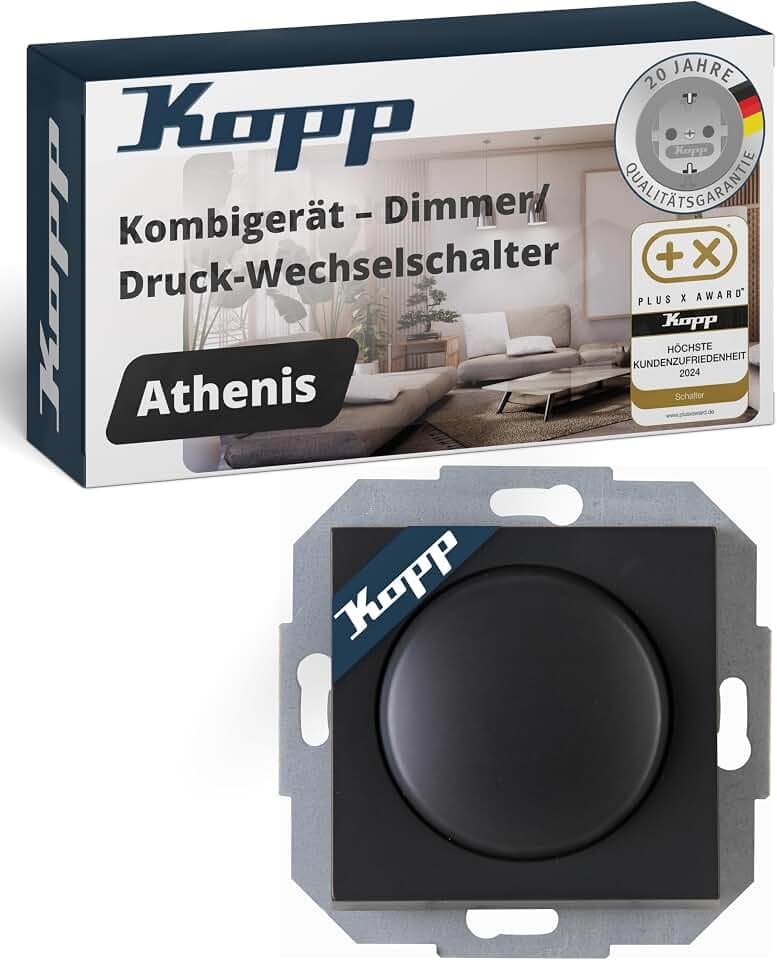 Kopp ATHENIS Druck-Wechselschalter-Dimmer mit Drehknopf - Anthrazit - Dimmbarer Lichtschalter für Lampen, LED & Trafos - 20-25W RL & 3-35W LED - Phasenanschnittsdimmer mit Softrastung