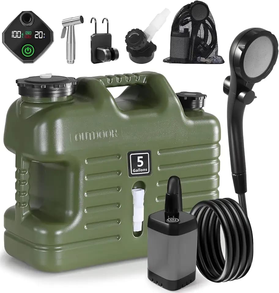 Digury Portable Camping Shower with 5 Gallon Water Jug, 6000mAh Rechargeable Outdoor Camping Shower Kit, IPX7 Waterproof Pump BPA Free Water Containers Camp Essentials
