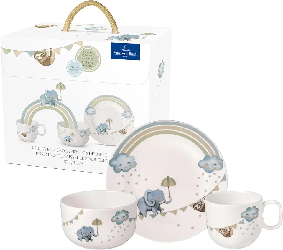 Villeroy & Boch – Boho Kids "Walk like an elephant" Kindergeschirr-Set 3 teilig Blau, Spülmaschinenfest, Mikrowellensicher, Geschirr Set Kinder, Tiermotiv Elefant und Faultier, Premium Porzellan