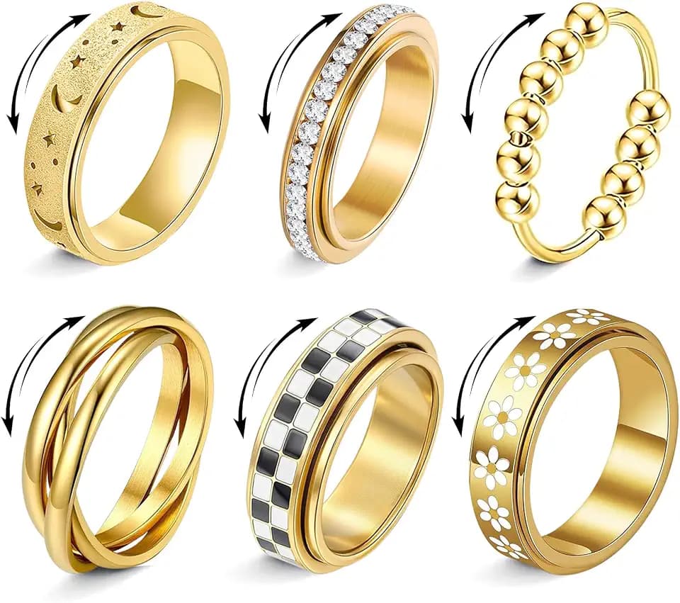 MUCAL 6pcs Fidget Rings for Anxiety for Women Gold Stainless Steel Spinner Ring Set Meditative Anxiety Ring with Flower Checkered Interlocked Moon Star Cubic Zirconia Bead Rings for Stress Relief