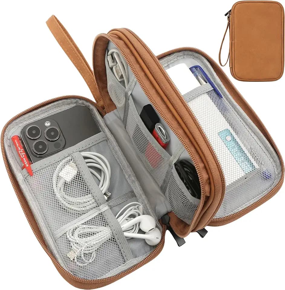 CAAORDKSO Travel Cable Organizer Pouch Electronic Accessories Carry Case Water Resistant Accessories Organizer Pouch Bag for Cable, Cord, Charger, USB, Phone, Power Bank, Earphone (Brown, Medium)