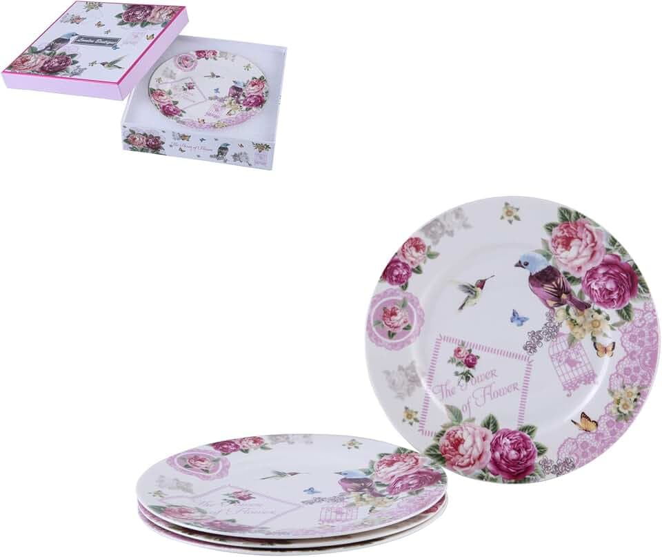 London Boutique Kuchenteller-Set aus Porzellan, mit breitem Rand, Shabby Chic, Vogel, Rose, Schmetterling, 4 Stück