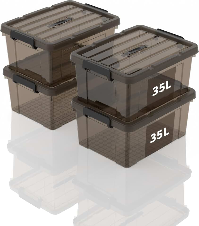 Aufbewahrungsboxen, Lagerboxen, Tragefähige Kunststoffboxen mit Griff, Stapelfähiger Organisationsbehälter für Schlafzimmer, Unrat, Schule, Transparent Braun, 35L (4er Set)