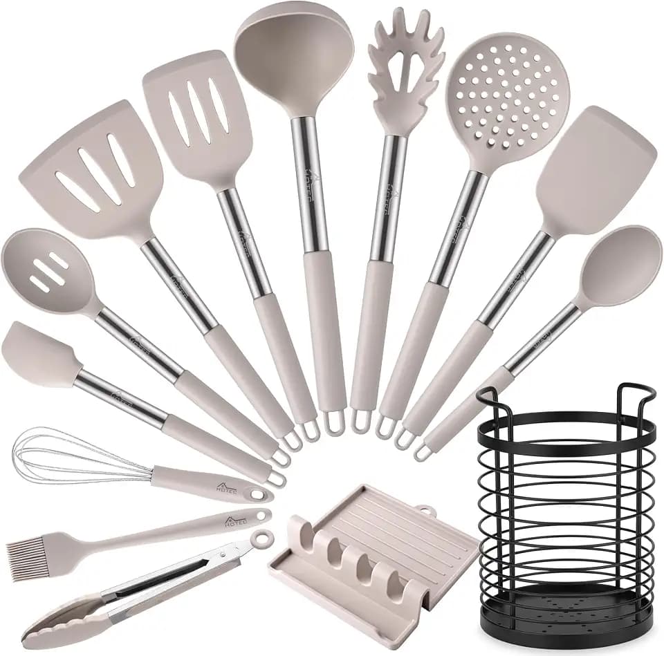HOTEC Silicone Kitchen Cooking Utensils Set, 14pcs Khaki