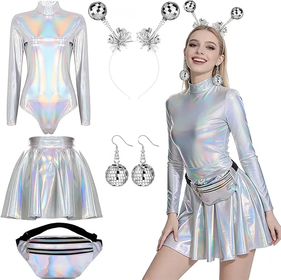 ZeiLaBang Kakadi Alien Kostüm Damen Set,Body Silber Kostüm Set,Space Girl Kleidung,Alien Rave Outfit,Space kostüm Weltraum Kleidung,Damen alien Accessoires mit Glitzer Oberteil,Rock, Bauchtasche