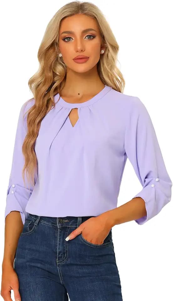 Allegra K Womens Work Blouse Ruched 3/4 Sleeve Keyhole Dressy Casual Tops