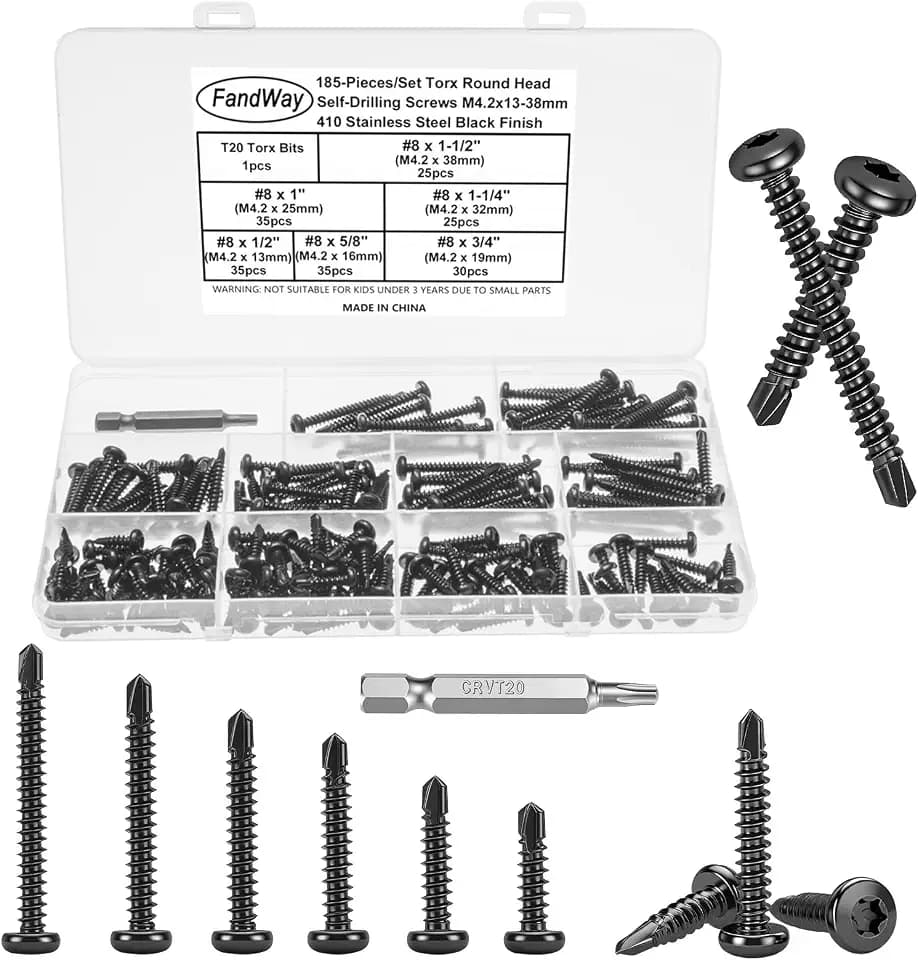185 Stück Torx Bohrschrauben,Linsenkopf Selbstbohrende Schrauben,M4,2x13~38mm Rundkopf Selbstbohrschrauben,Edelstahl 410 Schwarz Blechschrauben Metalldachschrauben Sortiment mit 1 TX20 Bits.