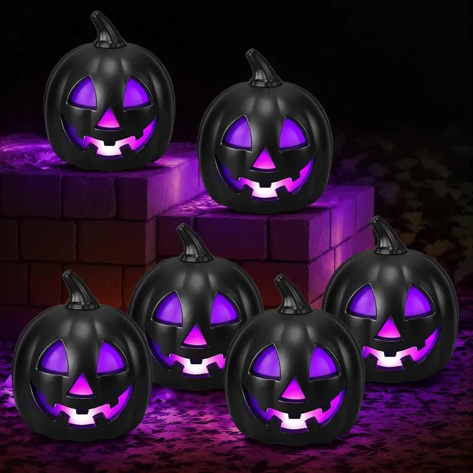6 Pcs Light up Jack O Halloween Pumpkin Lantern, Black and Purple