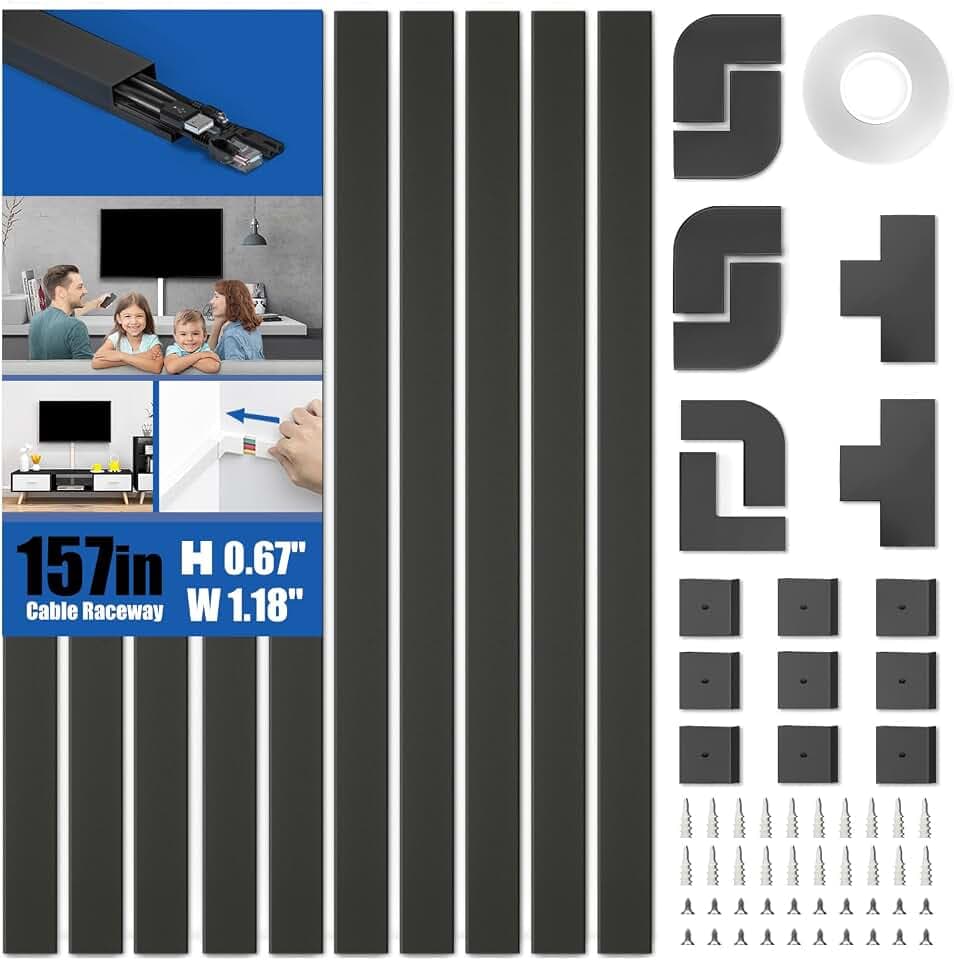 Delamu 157in Cord Hider, Cord Cover Wall Cable Management, Paintable Wire Cover for Cords, Cable Hider Raceway Kit, Cable Cover Concealer, Wire Hiders for TV on Wall, 10 X L15.7 W1.18 H0.6in, Black