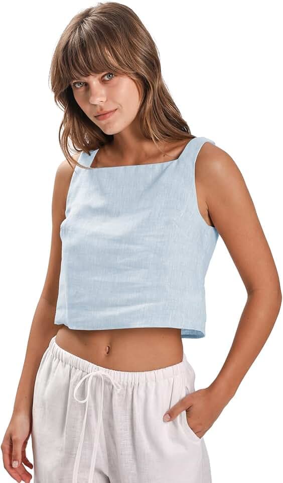 Amazhiyu Damen-Oberteil, Sommer, 100 % Leinen, lässig, ärmellos, quadratischer Ausschnitt, reine Leinen-Bluse für UK S-XL