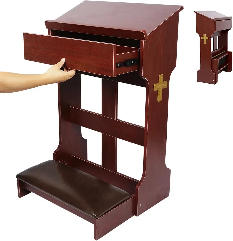 Wooden Prayer Kneeler with Foldable Padded Stool and Drawer for Praying Catholic