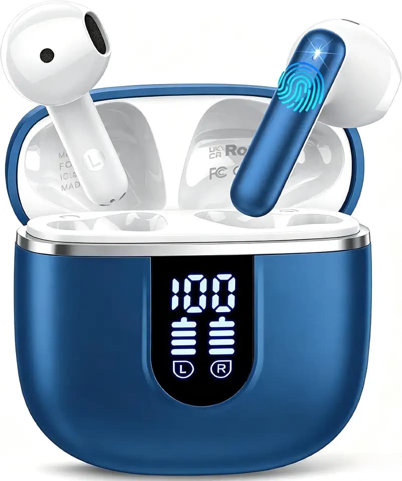 Wireless Earbuds, 2026 Bluetooth 5.4 Headphones in Ear buds, 40H HiFi Stereo Bluetooth Earbuds with 4 ENC Noise Cancelling Mics, IP7 Waterproof Ultralight Earphones with Dual LED Display USB C, Navy