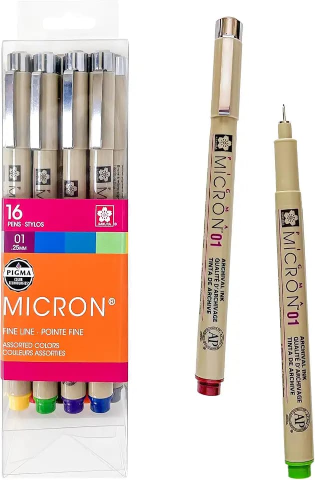SAKURA Pigma Micron Fineliner Pens, 01 Tip, Assorted Colors, 16 Count