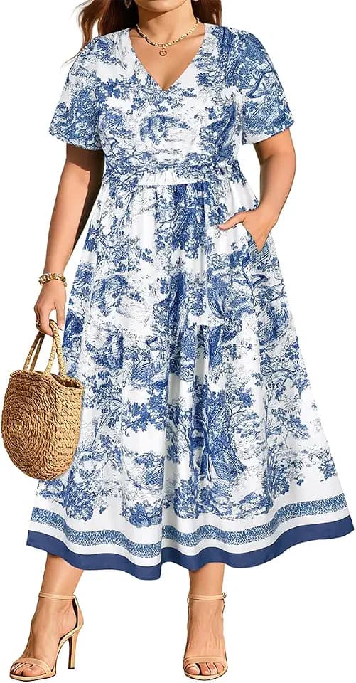 RITERA Plus Size Dresses for Curvy Women 3X Blue White V Neck Short Sleeve Casual Summer Dress Smocked Waist Boho Sundress with Pocket Beach Dresses for Daily/Vacation/Wedding Guest 3XL 22-24W