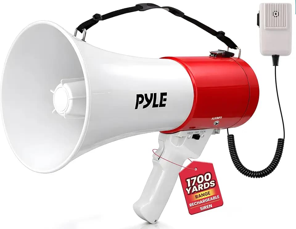 Pyle 50W Portable Megaphone Bullhorn Speaker – Alarm Siren, Adjustable Volume up to 1700 Yards, Aux Input, USB/TF Playback, Lightweight, for Indoor & Outdoor Activities, Sports & Emergency Drills