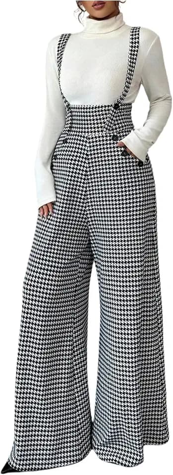 Milumia Women's Houndstooth Overalls Wide Leg Jumpsuit Suspender Pants