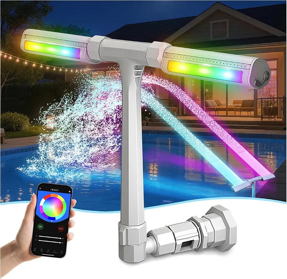 Pool Fountain with Light, 16-Color 12-Modes, Dual Spray Water Fountains for Above Ground & In-ground Pools, APP Control, 360°Adjustable Waterfall Sprinkler, Cooling Water