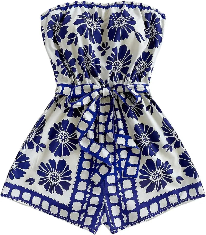 Floerns Women's Boho Floral Strapless Jumpsuit Sleeveless Vacation Short Belted Romper