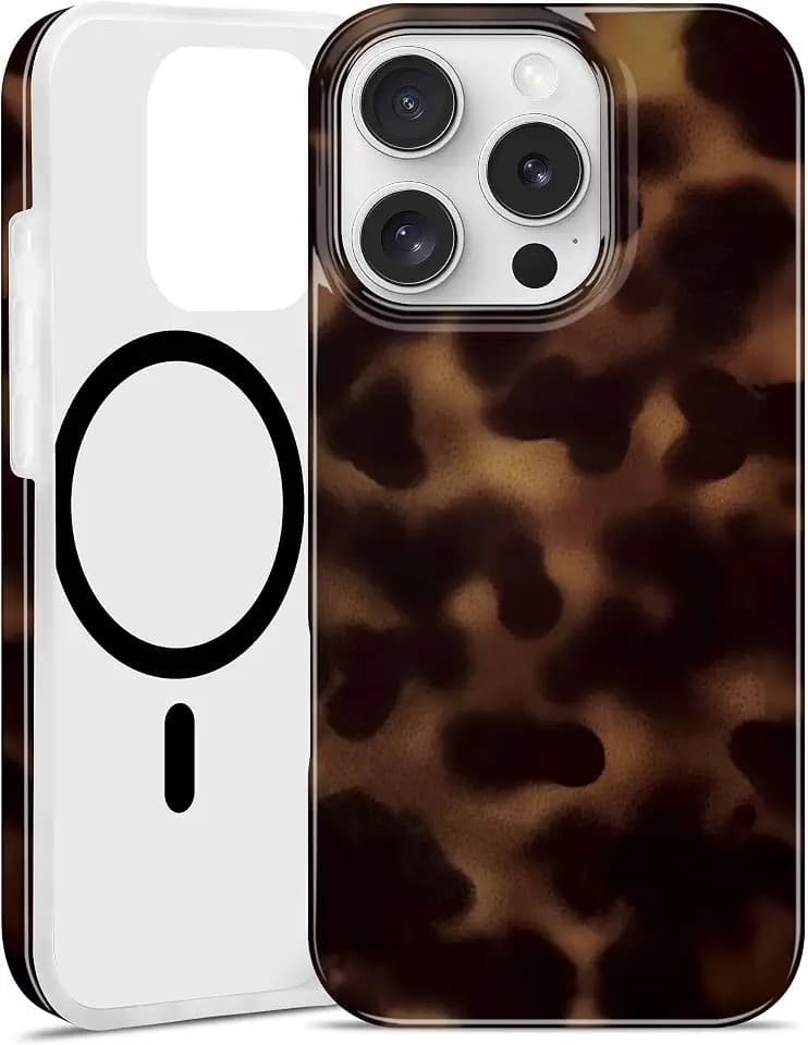 Magnetic Tortoise Shell Case for iPhone 15 Pro [Compatible with MagSafe] Amber Leopard Print Pattern Aesthetic Design Soft Slim TPU Protective Phone Cover for Women Men Girls Boys - Brown