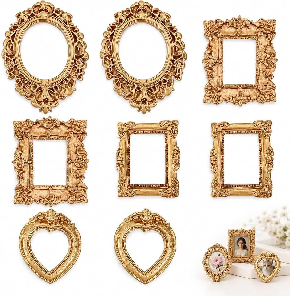 Bilderrahmen Set 8er Mini Vintage Rahmen goldfarben Barockstil 1,6–2,2 Zoll kleine Fotorahmen für Schmuck Fotos Tischdeko Wanddeko Hochzeit Weihnachten