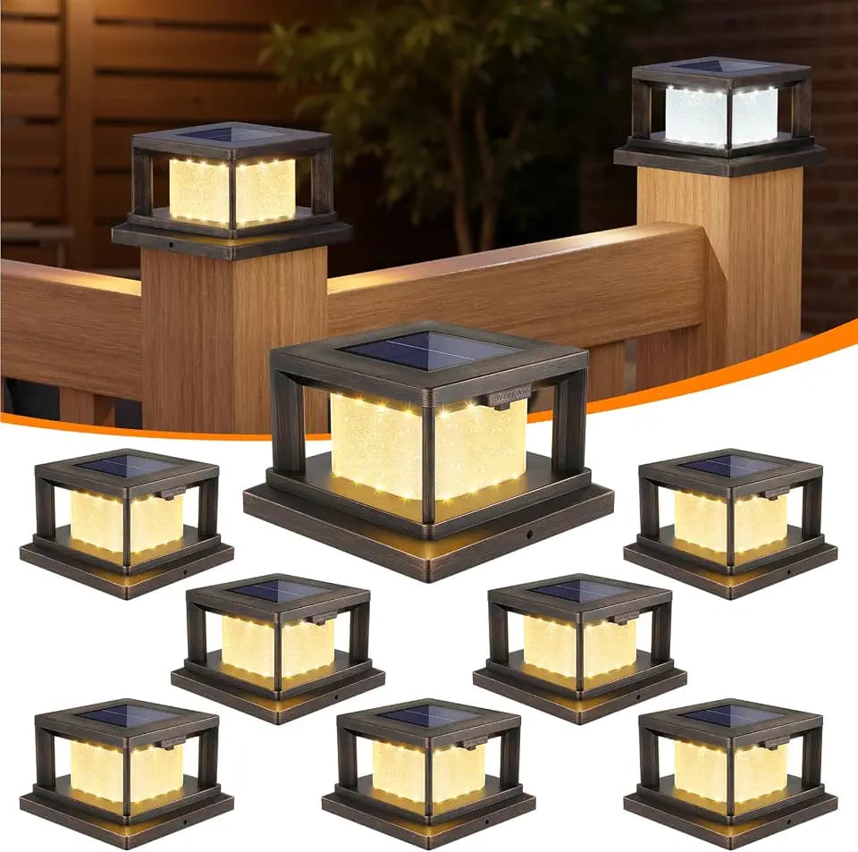 Mlambert 8 Pack 4x4 Solar Post Light, 2 Modes Wooden Vinyl Fence Cap, Brown