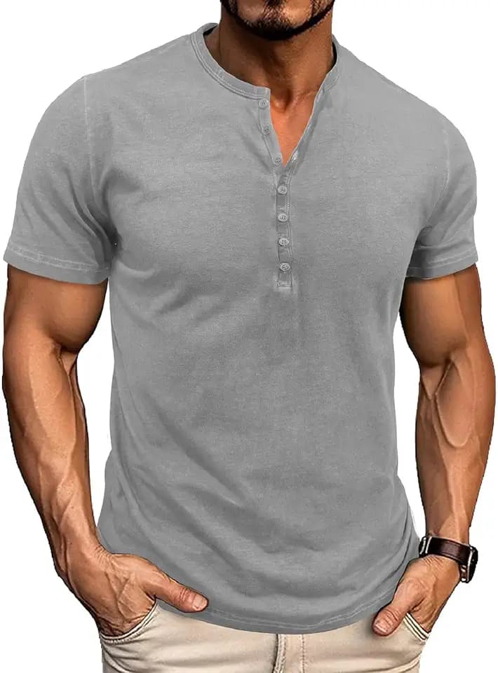 Tshirt Herren Henley Shirt Kurzarm Sommer T-Shirts V Ausschnitt Knopfleiste Baumwolle Vintage M-3XL