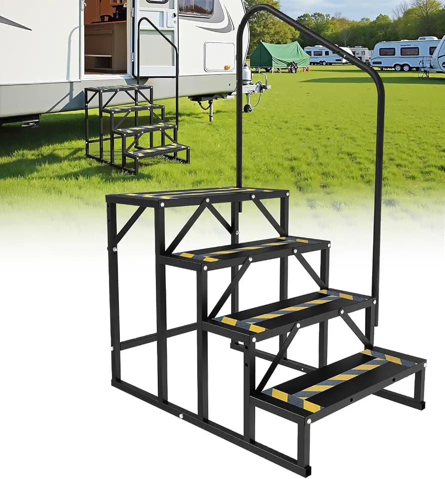 RV Mobile Home Steps with Handrail, 4-Step Camper Entry Stairs