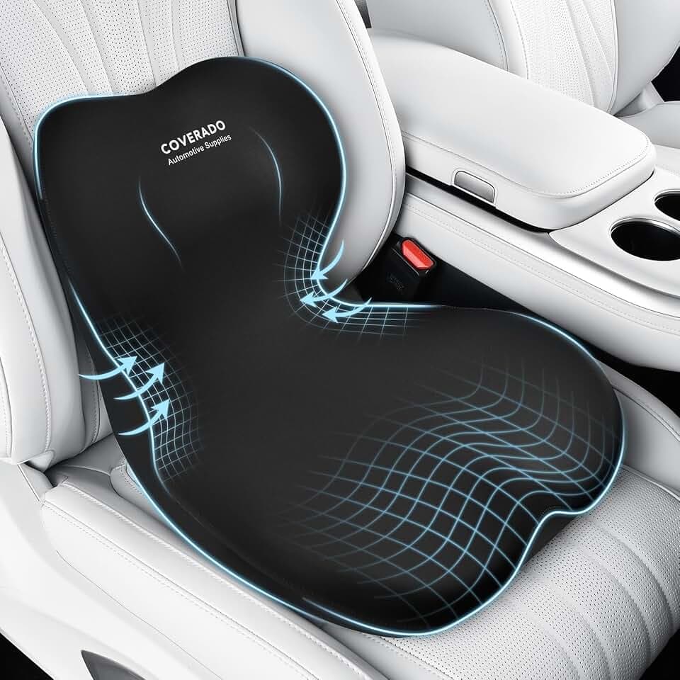Coverado [Upgraded] Car Seat Cushion and Lumbar Support Pillow One Piece, Memory Foam Ergonomic Back Support Driving Seat Cushion for Back Pain, Non-Slip Washable Cushion for Car, Driver, Office
