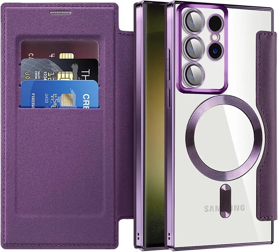 Emlivi Magnetisch Hülle für Samsung Galaxy S24 Plus, 2-IN-1 Clear Magnet Klapphülle Kabelloses Laden [Kartenfach] Handyhülle Premium Leder Klappbare Flip Case Stoßfeste Schutzhülle, Lila