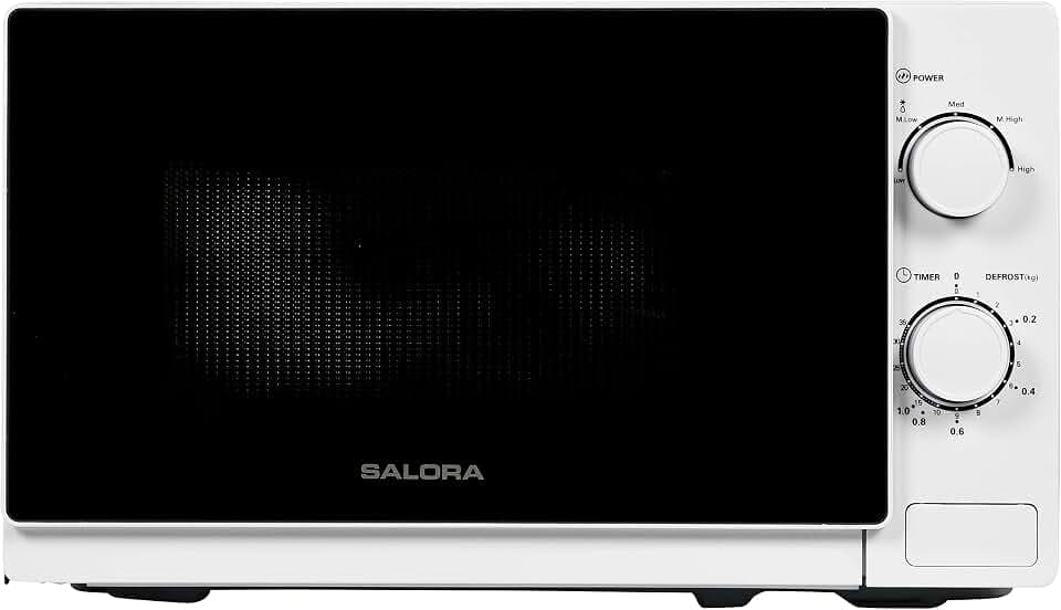 Salora 20MSM700 Mikrowelle 20L, 700W, Einfach zu Bedienen, 5 Leistungsstufen, Auftaufunktion, 35 Min Timer, Freistehend Kleine Mikrowelle Platzsparend, Glasdrehteller 255mm, Weiß