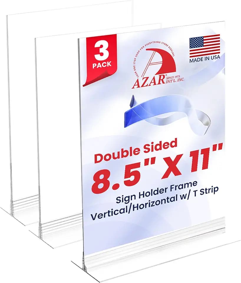 Azar 102714 Acrylic Sign Holder 8.5 x 11 Inch – Double-Sided Clear Display Frame with T-Base – Vertical/Horizontal Use, Crystal-Clear Acrylic Menu Holder for Restaurant, Office, Retail, Events (3-Pack)
