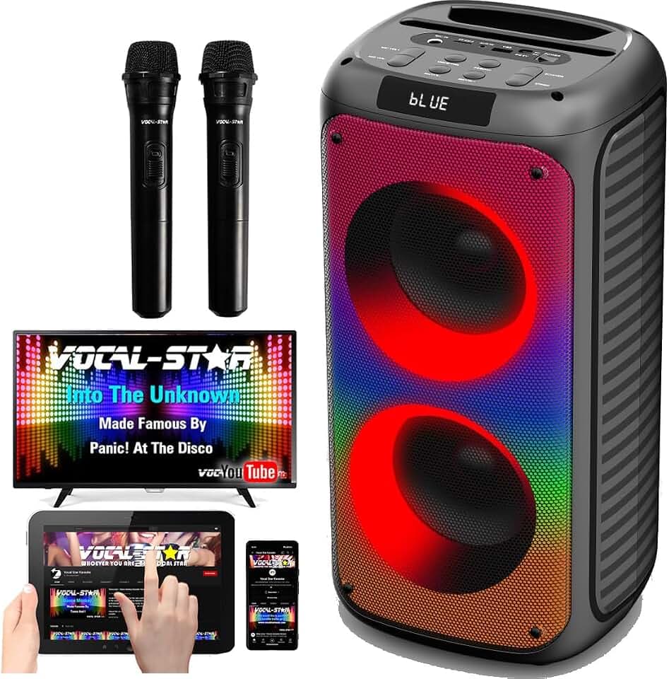 Vocal-Star Tragbare Karaoke Maschine mit Bluetooth, 2 Mikrofone, Karaoke Anlage, 100w Lautsprecher, 6 schillernde LED Lichteffekte, nimmt Gesang auf, TWS, AUX, wiederaufladbar