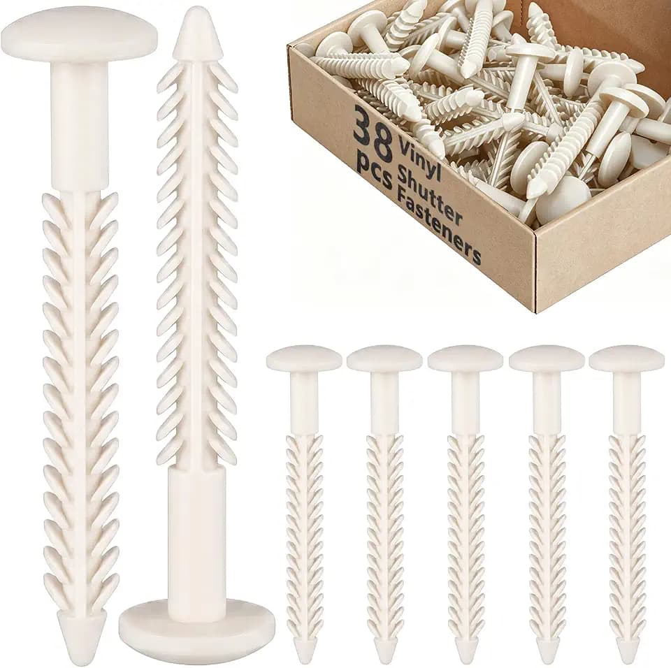 38 Pack Vinyl Shutter Fasteners, White Long Plastic Shutter Screws with Caps, Exterior Decorative Window Shutters Mounting Pins, Outside Panel Pegs for Fixing and Installing