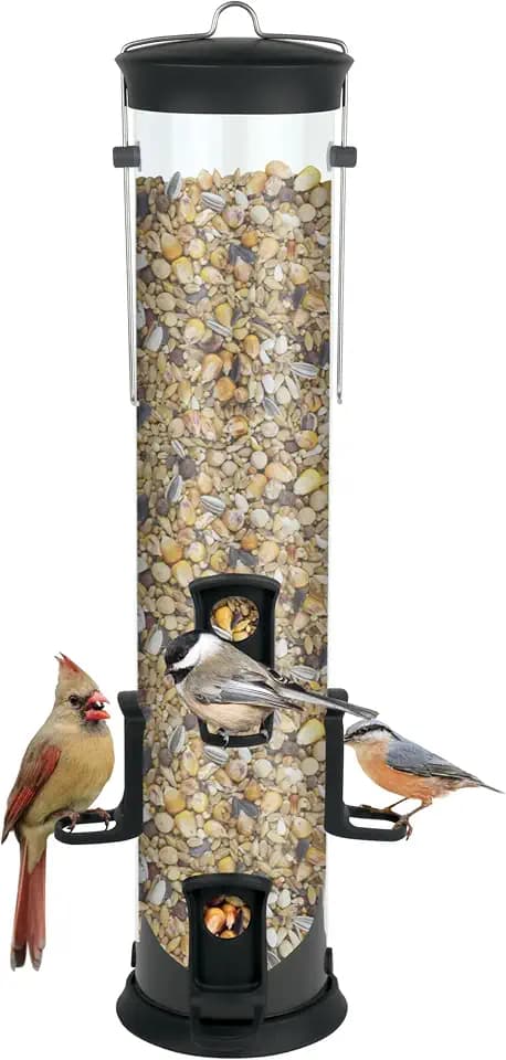 Nature's Way Large Plastic Seed Tube Bird Feeder for Wild Birds and Outdoor Décor, 2.1 Quart Capacity, Six Ports, Easy-Clean Design, Black