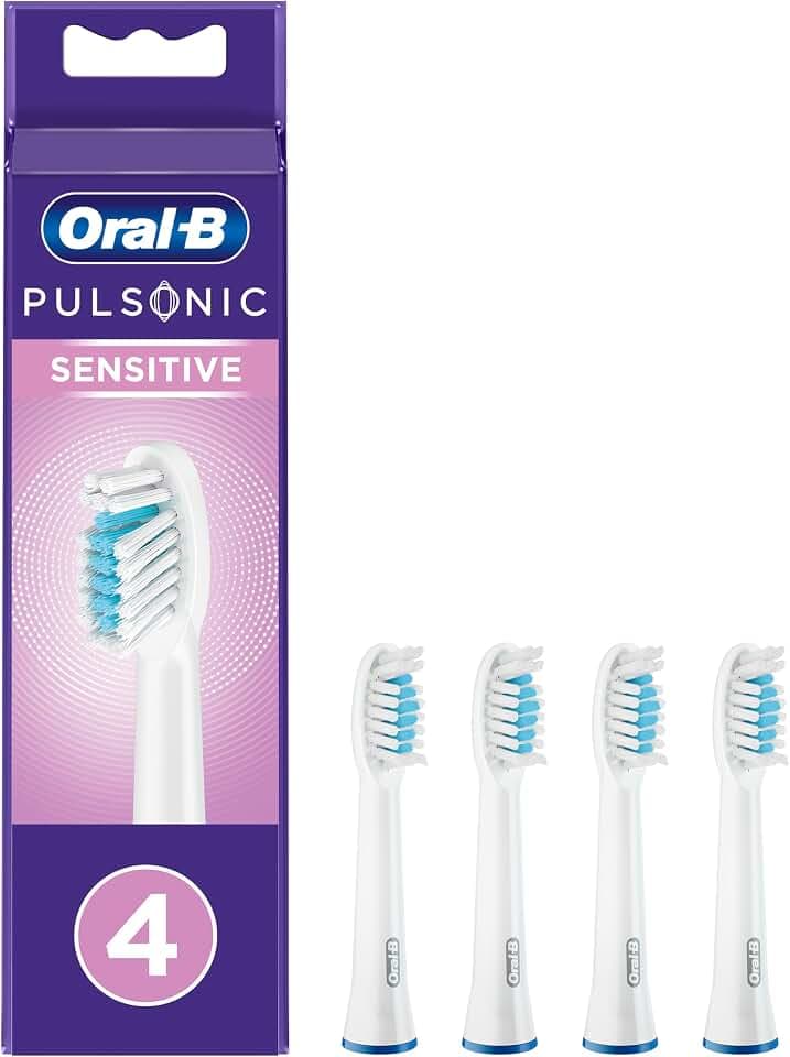 Oral-B Pulsonic Sensitive Aufsteckbürsten — ORIGINAL Zahnbürstenaufsatz für Oral-B Schallzahnbürste — Ersatzbürsten, Bürstenköpfe für Elektrische Zahnbürste für eine Sanfte Reinigung — Weiß, 4 Stück