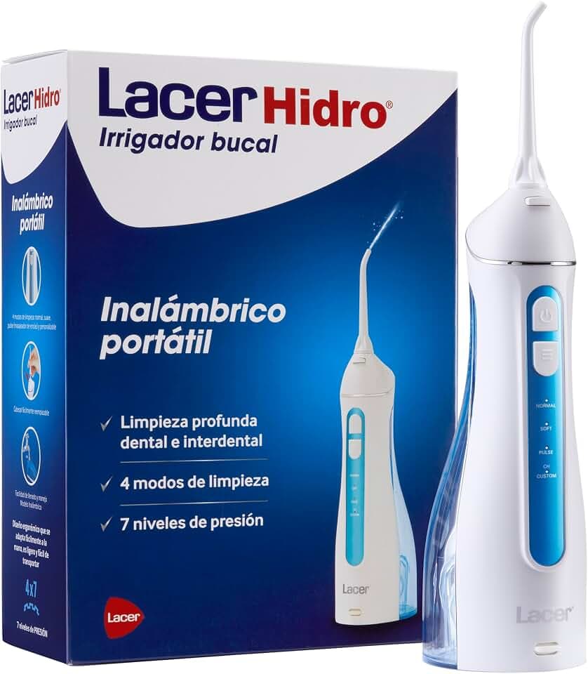 LACER HIDRO Tragbare und kabellose Munddusche mit 2 Nachfüllungen, schnelle und effektive Interdentalreinigung, 4 Reinigungsmodi, 7 Druckstufen, ergonomisches und kompaktes Design