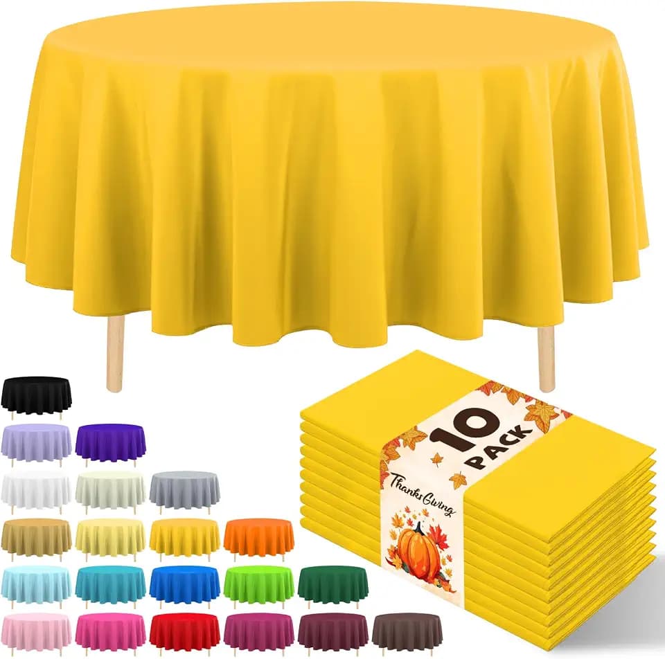 10 Pack Yellow Round Tablecloth 84 Inch Round Plastic Table Cloth Disposable Waterproof Table Cover for Wedding Birthday Bridal Shower Party Decorations