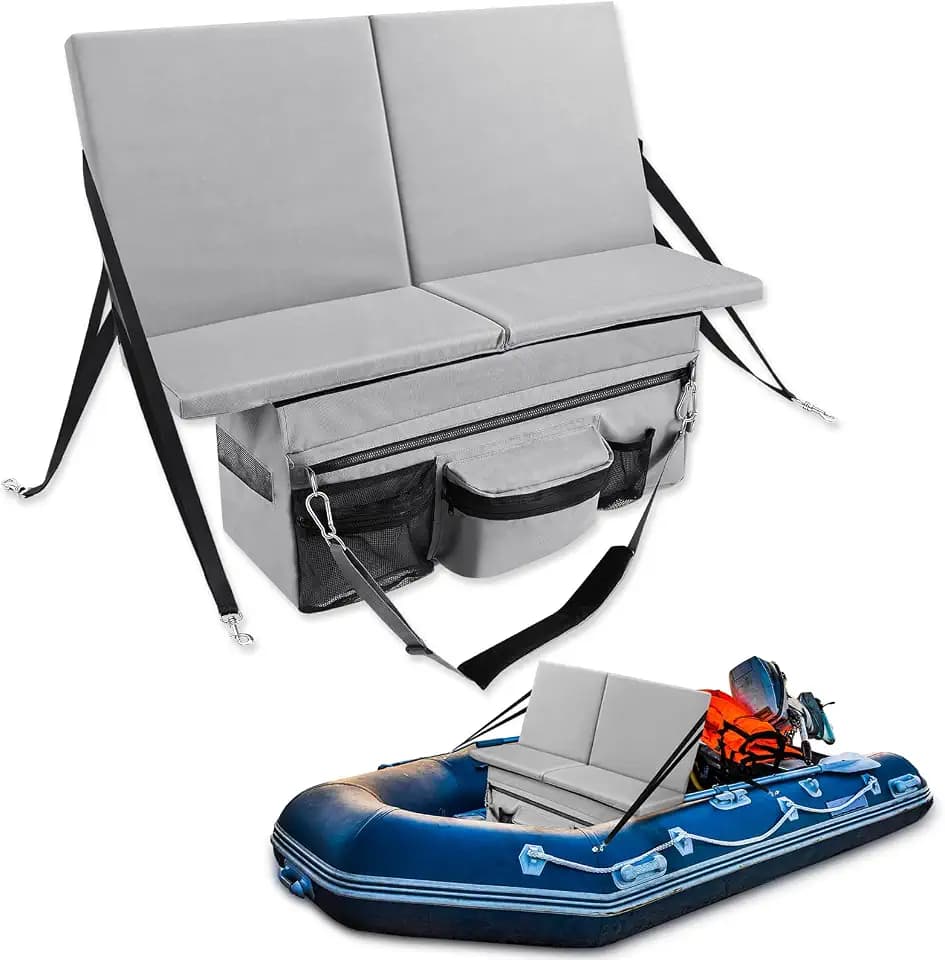 Dansydaisy 35 x 14 Inch Dinghy Inflatable Boat Seat Cushion with Back Support 34.6'' x 17.3'' with Pocket Grey Thick Sponge Seat Backrest Underseat Storage Bag Outdoor Water Resistant Bench Cushion