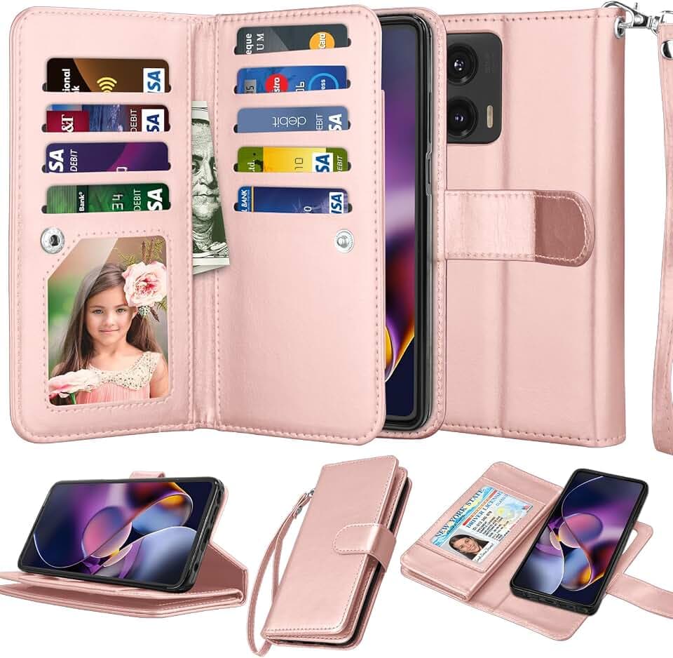 Njjex Wallet Case For Motorola Moto G Stylus 5G 2024, For Moto G Stylus 5G 2024 Case, [9 Card Slots] PU Leather Credit Holder Folio Flip [Detachable] Kickstand Magnetic Phone Cover & Lanyard -RoseGold