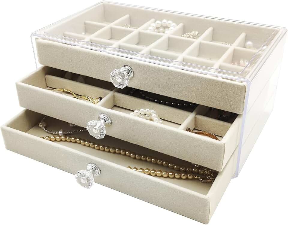 Schmuckkästchen aus transparentem Acryl, 3-stöckig, Schubladen-Organizer für Ohrringe, Ringe, Halsketten, Armbänder, Armreif, stapelbares Schmucktablett, Ohrring-Vitrine, Geschenk für Damen