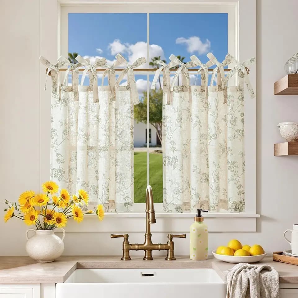 jinchan Green Floral Kitchen Tier Curtains Alisa 24 Inches Tie Top 2 Panles