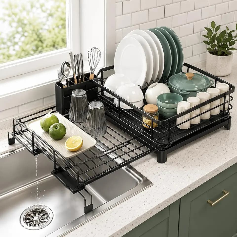 Premium Expandable Dish Drying Rack with Drainboard – 2-in-1 Large Capacity Countertop & Over-Sink Dish Rack, Rust-Resistant Metal