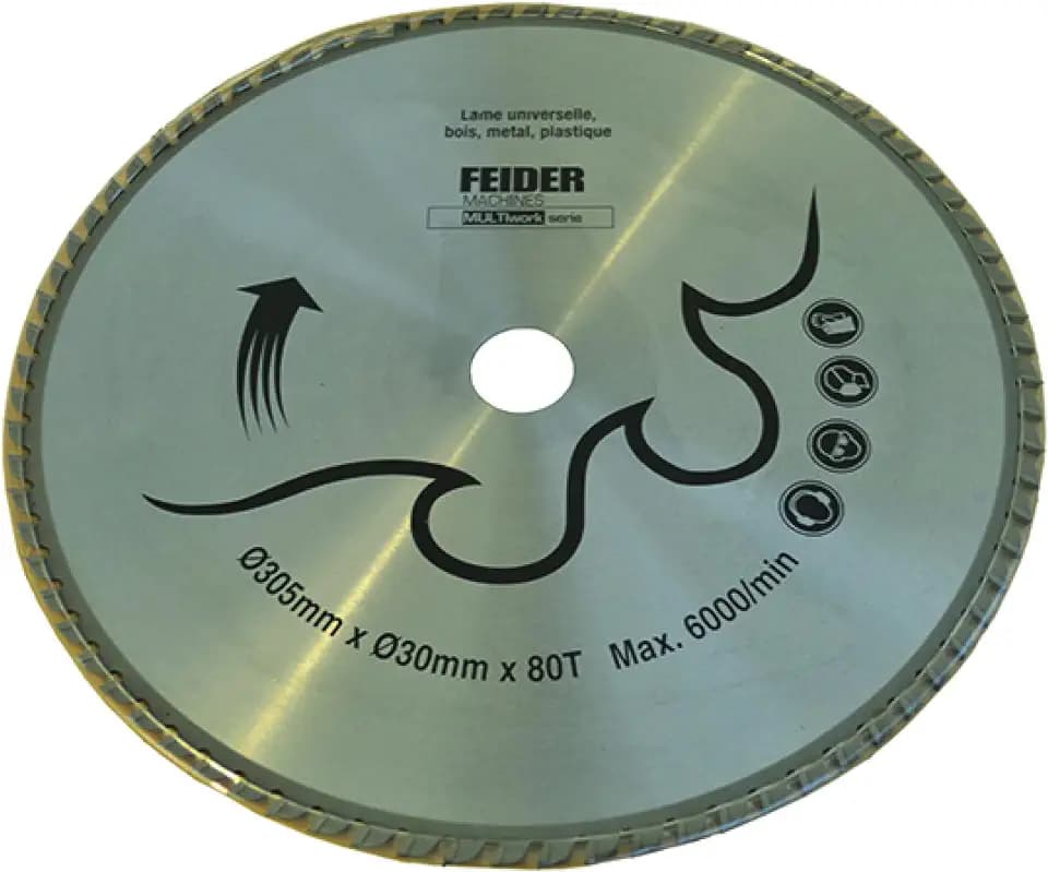 FEIDER F305LU Universal Kreissägeblatt - Sägeblatt für Kreissäge, Gezahnte Sägescheibe - Stahl - 305x30mm - 6000 Tr/min Maximum - 80 Zähne - Schneidet Holz, Metall, PVC - Schneidet Schnell und Sanft