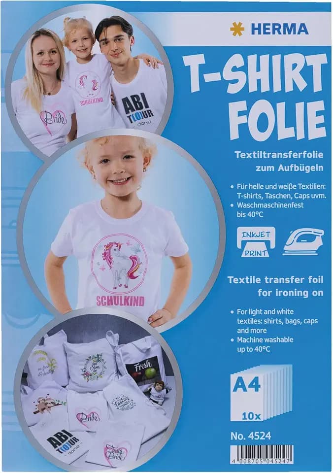 HERMA Transferpapier für helle Textilien, A4 Inkjet Bügelpapier zum Bedrucken & Aufbügeln, 10 Blatt, Transferfolie für weißen Stoff, Bügelfolie zum Selbstgestalten, Bedruckbare T-Shirt Textilfolie